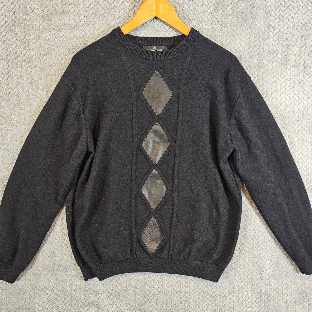 Bugatchi Uomo Mens Black 100%‎ Merino Wool Diamond Leather Inlay Sweater Large